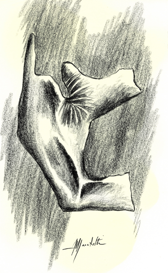 Angelo Marchetti, composizione astratta a carboncino su carta, volumi e forme geometriche in chiaroscuro