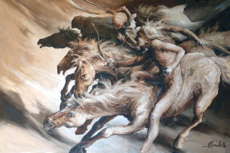 "i quattro cavalieri dell'apocalisse" olio su tela, anno 1978, pittore Angelo Marchetti (1930-2000) k1337