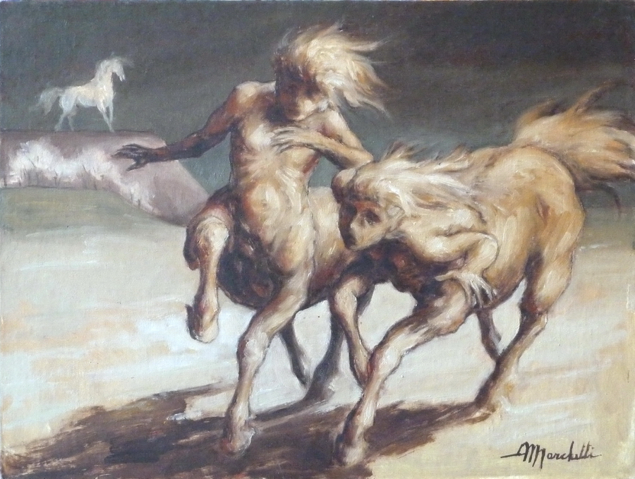 Oil on canvas by Angelo Marchetti: two centaurs in ochre-brown tones running, manes in the wind, with a small white horse in the background.