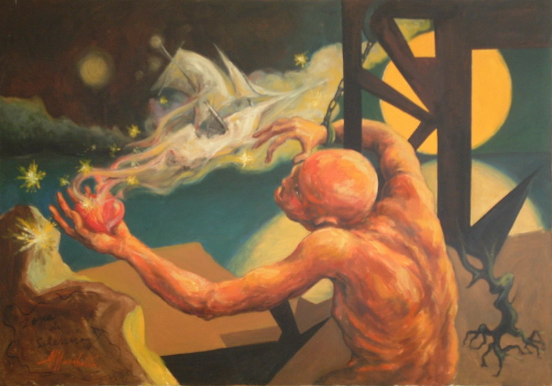 Dipinto a olio "Vi ho dato il sentimento del mio cuore" di Angelo Marchetti (Cat. 1075), 1992: figura muscolosa incatenata offre un cuore evanescente da cui nasce un veliero tra le stelle, composizione surreale.