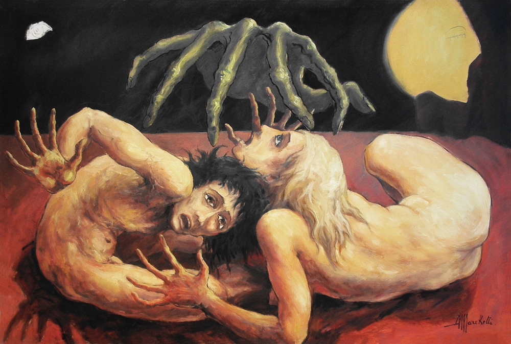 Angelo Marchetti, Senza titolo (Cat. k1247), olio su tela 80x120 cm: una grande mano verde sovrasta due figure distese, una maschile bruna e una femminile bionda.