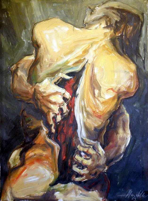 Angelo Marchetti, Schiena squarciata, olio su tela. Figura umana di spalle con anatomia aperta, campiture scure e luce interna. Ciclo delle opere nere, Milano.