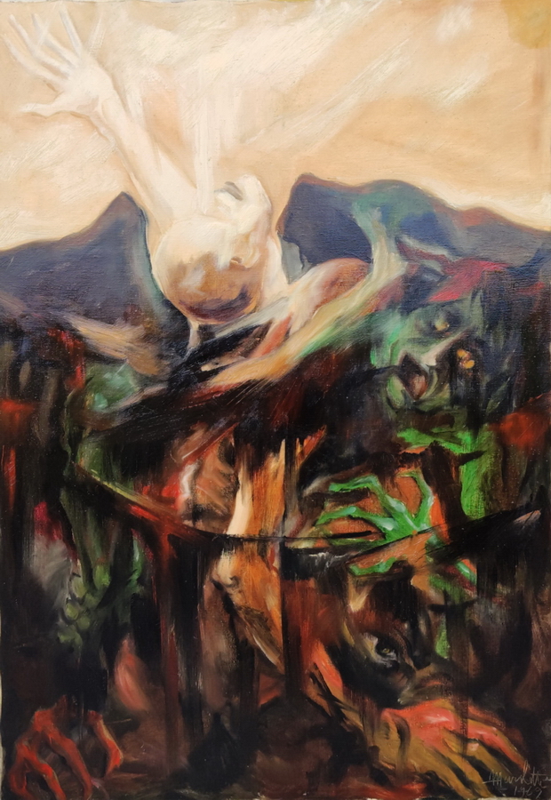 Angelo Marchetti, Senza titolo, olio su tela, 1969: figura chiara ascendente su una massa scura di toni terrosi, verdi e rossi. Ciclo delle Opere Nere.