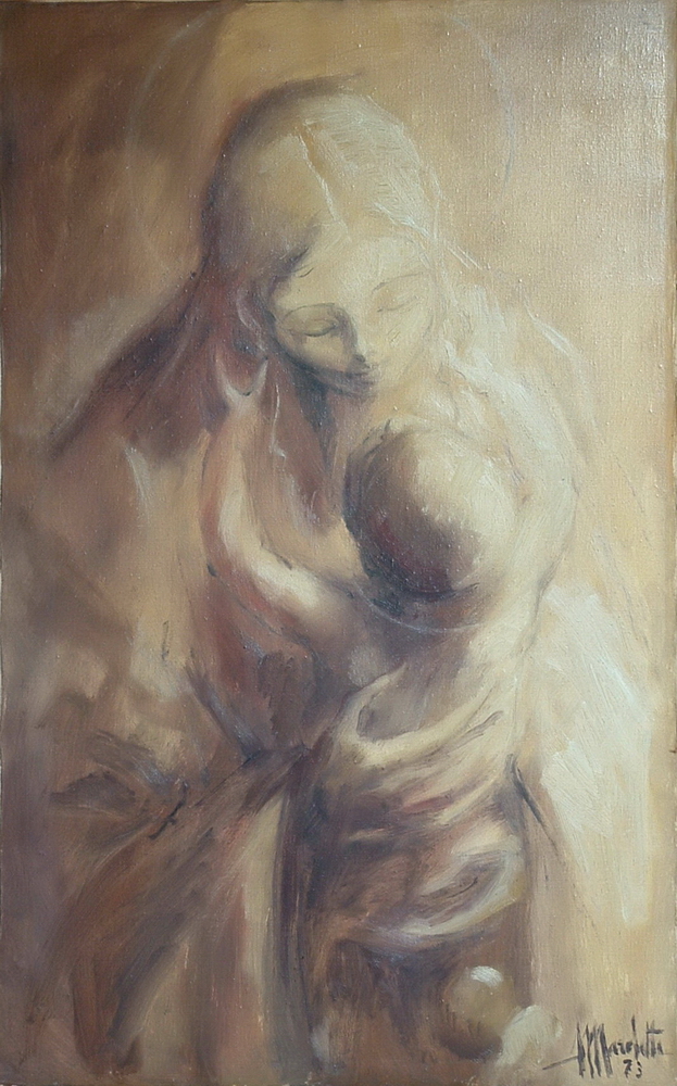 Figura femminile dai lineamenti morbidi, nell'istante che precede il tenero abbraccio di un bambino, resa in calde tonalità di ocra e bruno con contorni sfumati.