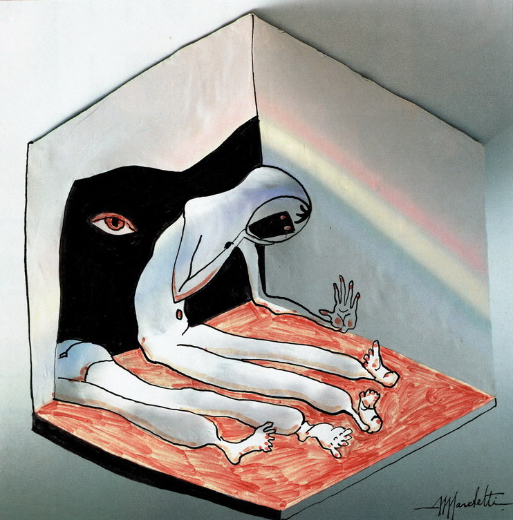 Intervento grafico su fotografia: figure bianche allungate in un angolo, un occhio entro una massa nera e un arcobaleno lungo la parete.