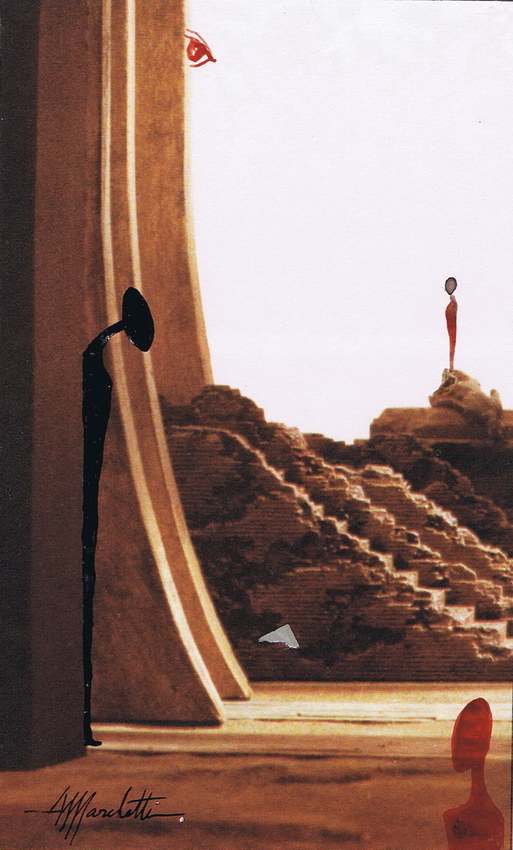 Intervento a china su fotografia seppia di Angelo Marchetti: arco e scalinata di pietra, figura nera allungata, piccola figura rossa e occhio rosso.