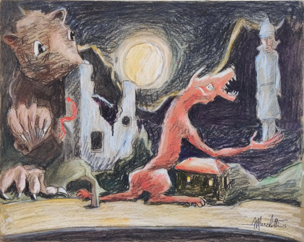 Gessetti pastello su cartone di Angelo Marchetti: creature mostruose e un drago rosso in una scena notturna surreale sotto una luna piena, con figura stilizzata sullo sfondo.