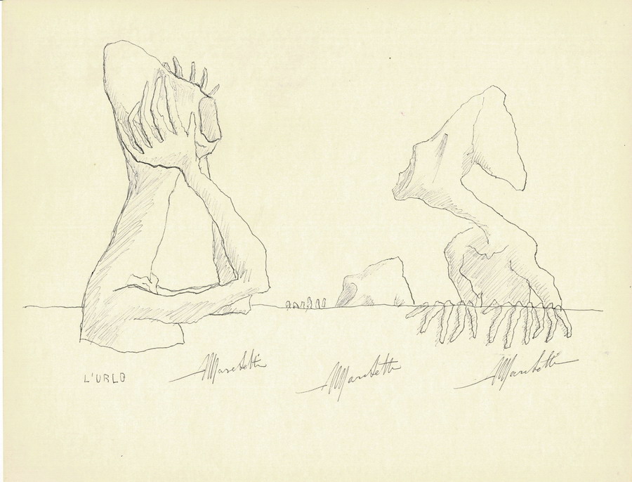 Angelo Marchetti, L'urlo, inchiostro su carta. Tre figure surreali antropomorfe in progressiva dissoluzione, studio per scultura, archivio ufficiale.