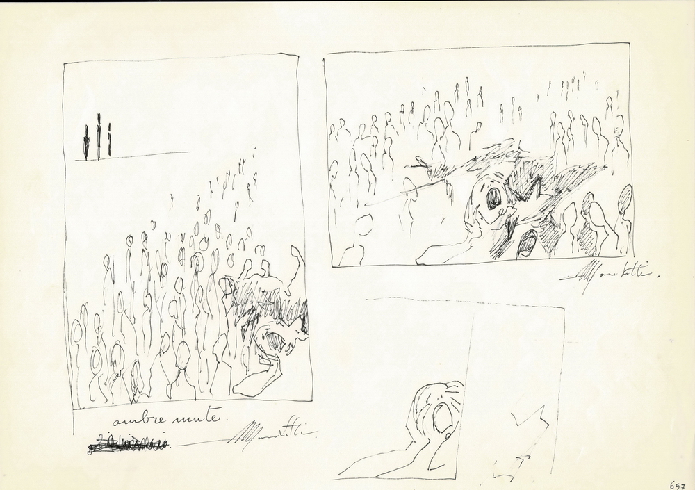 Angelo Marchetti, "Ombre mute", inchiostro su carta, tre riquadri con folle e figure stilizzate in composizione metafisica. Cat. 657, cm 21x29,7.