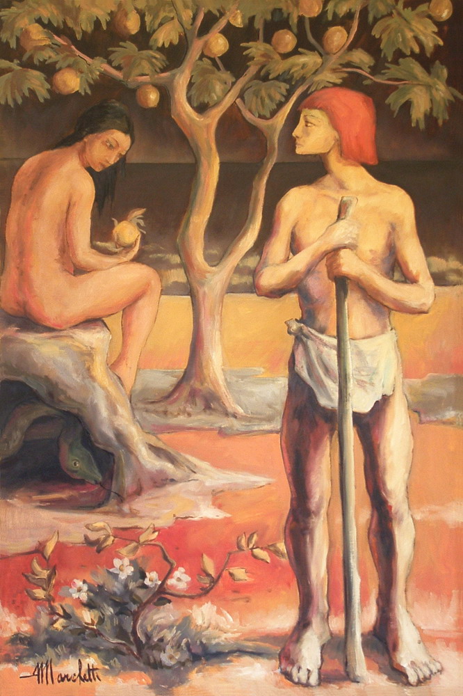 Adamo ed Eva, olio su tela di Angelo Marchetti (Milano, 1930–2000): due figure nude presso un albero da frutto con serpente, pittura figurativa novecentesca.