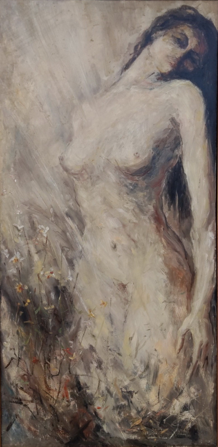 Donna a seno nudo che emerge dall'erba alta, capo reclinato verso la luce; pennellata vibrata, toni terrosi. Olio su tela di Angelo Marchetti.