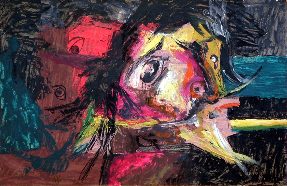 Angelo Marchetti, Disperato (Cat. k260), olio su cartoncino: volto di don Chisciotte a colori accesi, con Sancio Panza appena visibile alle spalle.