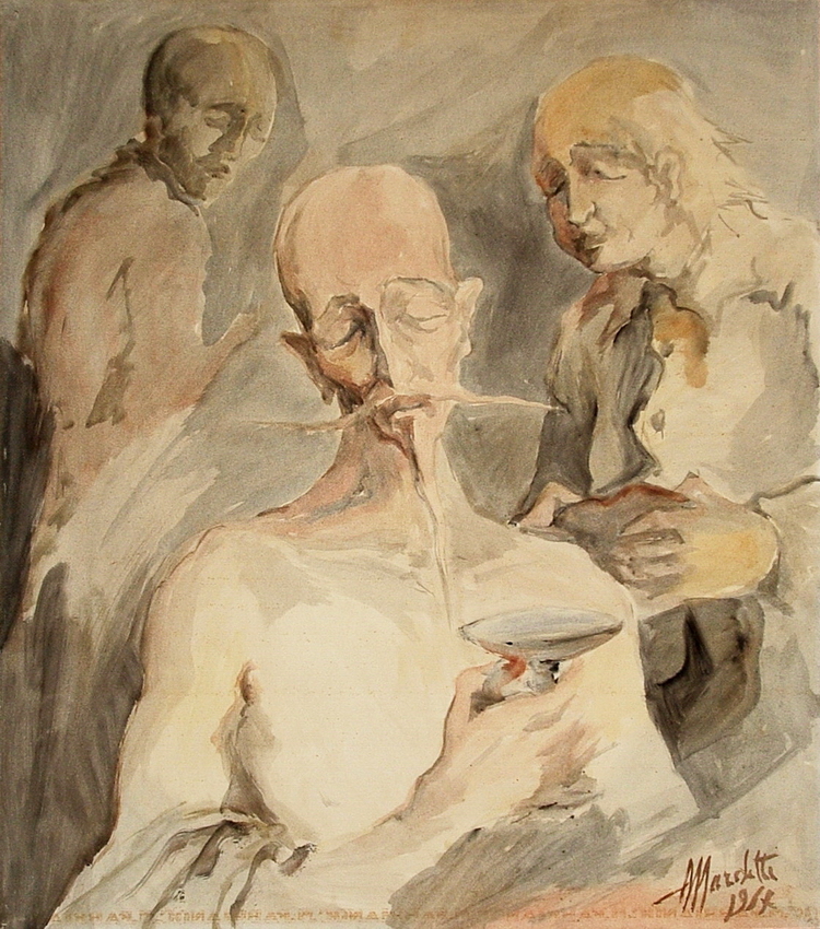 Don Quixote as a gaunt, bare-chested man holding a bowl, attended by two figures at his sides; watercolour in earthy grey tones, rapid textured brushwork.