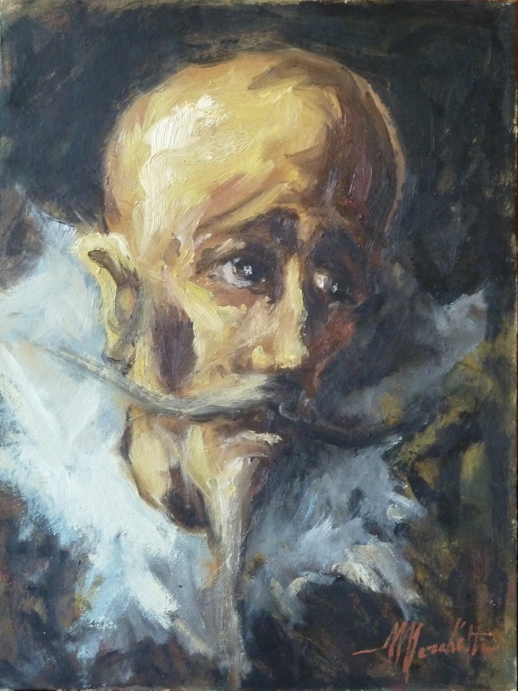 Angelo Marchetti, Senza titolo (k1342), olio su tela cm 40 x 30: ritratto di don Chisciotte, volto scavato con baffi spioventi e ampio collare bianco su fondo scuro