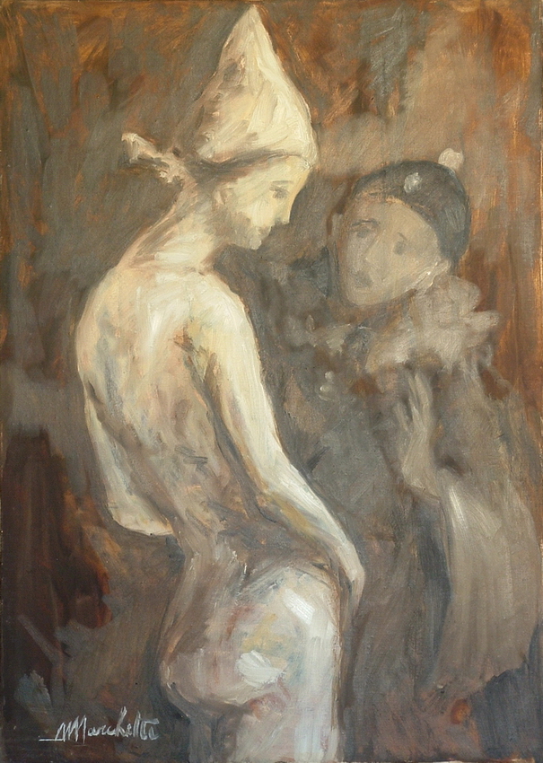 Two carnival-masked figures facing each other: a pale one in a tall pointed hat, a darker one with a ruff; oil on canvas in warm earth tones.