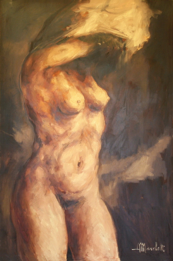 Dipinto a olio "Senza titolo" di Angelo Marchetti (Cat. 1230), torso femminile con braccio alzato, luce calda radente su fondo scuro.