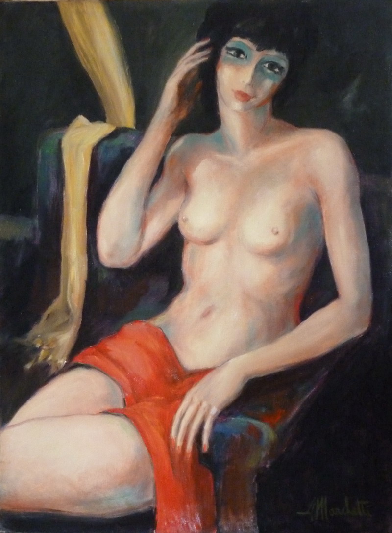 "Nudo con drappo" olio su tela di Angelo Marchetti con drappeggio rosso, pittura figurativa contemporanea