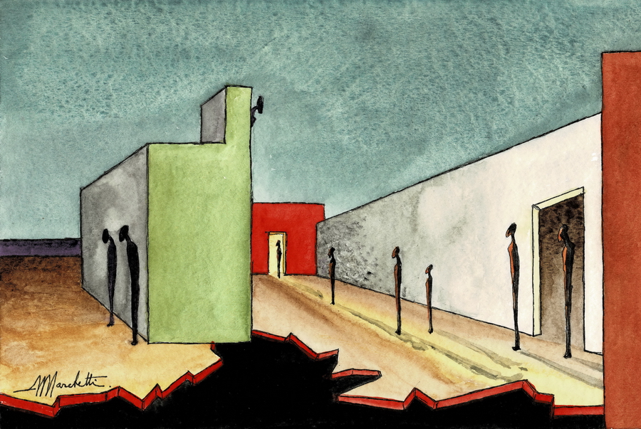 Angelo Marchetti, figure stilizzate lungo una strada prospettica tra edifici geometrici colorati, acquarello su cartoncino, atmosfera metafisica e sospesa