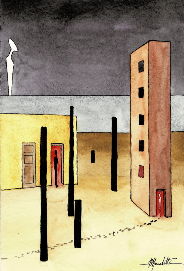 ngelo Marchetti, paesaggio urbano notturno con figure stilizzate, porte rosse e colonne nere verticali su fondo ocra, acquarello su cartoncino, composizione simbolica