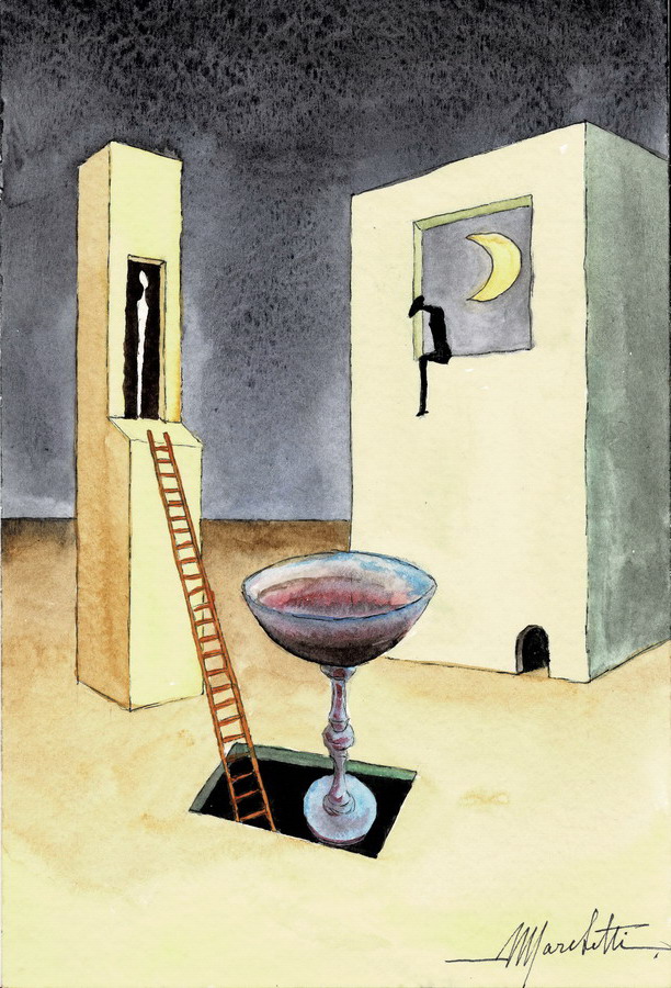 Angelo Marchetti, paesaggio urbano notturno con figure stilizzate, porte rosse e colonne nere verticali su fondo ocra, acquarello su cartoncino, composizione simbolica