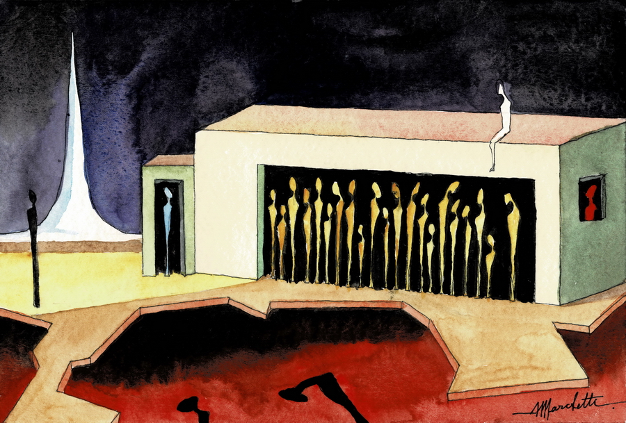 Angelo Marchetti, figure stilizzate davanti a un edificio notturno, acquarello su cartoncino, composizione metafisica con architettura e presenze umane
