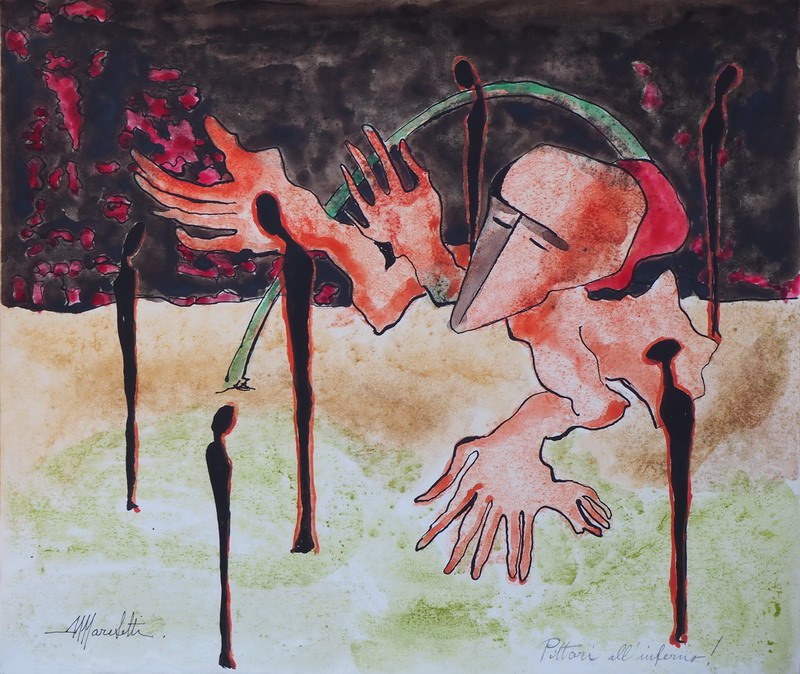 Opera di Angelo Marchetti, pittura acquarello su cartocino rigido