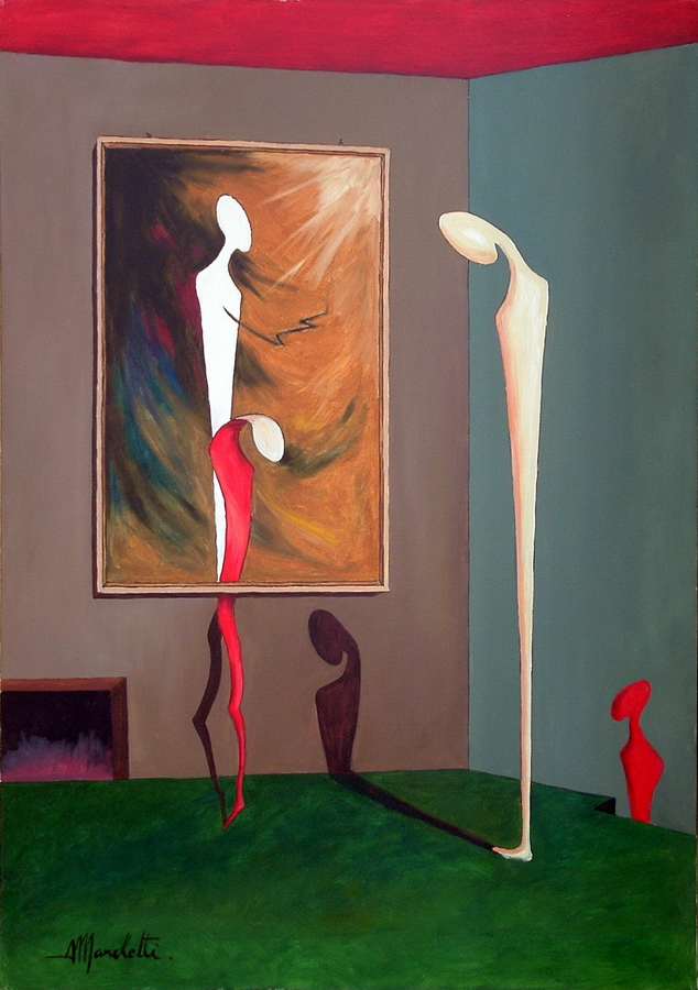 Angelo Marchetti, «Senza titolo», olio su tela. Interno surreale: figure antropomorfe bianca, rossa e avorio escono da un quadro su pavimento verde. Archivio ADAAM.