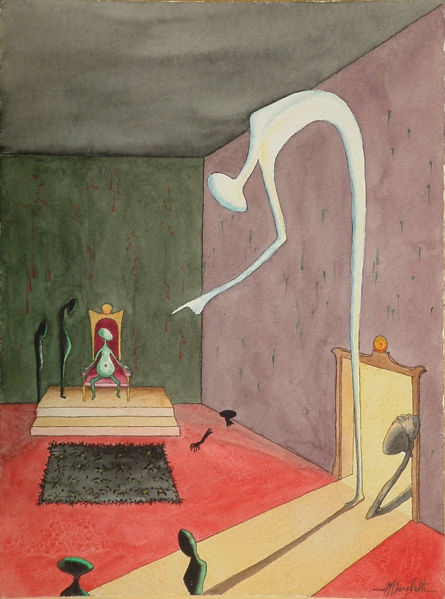 Angelo Marchetti, Untitled (Cat. 314), watercolour on paper 48 x 36 cm: a surreal interior with an elongated white figure and a small enthroned being.