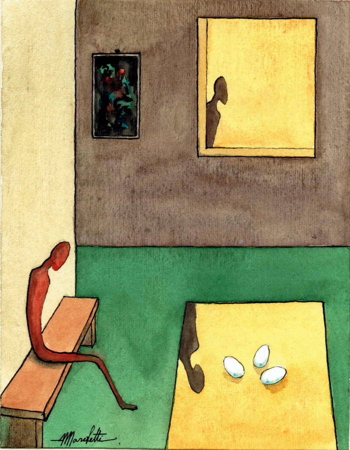 Surreal watercolour by Angelo Marchetti: red seated figure on a bench, yellow window with a silhouette, and three white oval forms on a surface.