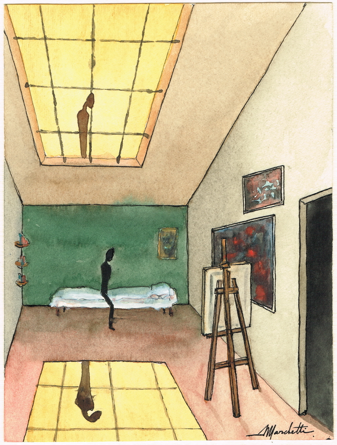 Angelo Marchetti, Senza titolo (Cat. k220), acquarello su carta 18,5 x 14 cm: interno di uno studio d'artista con cavalletto e figura nera su un giaciglio.