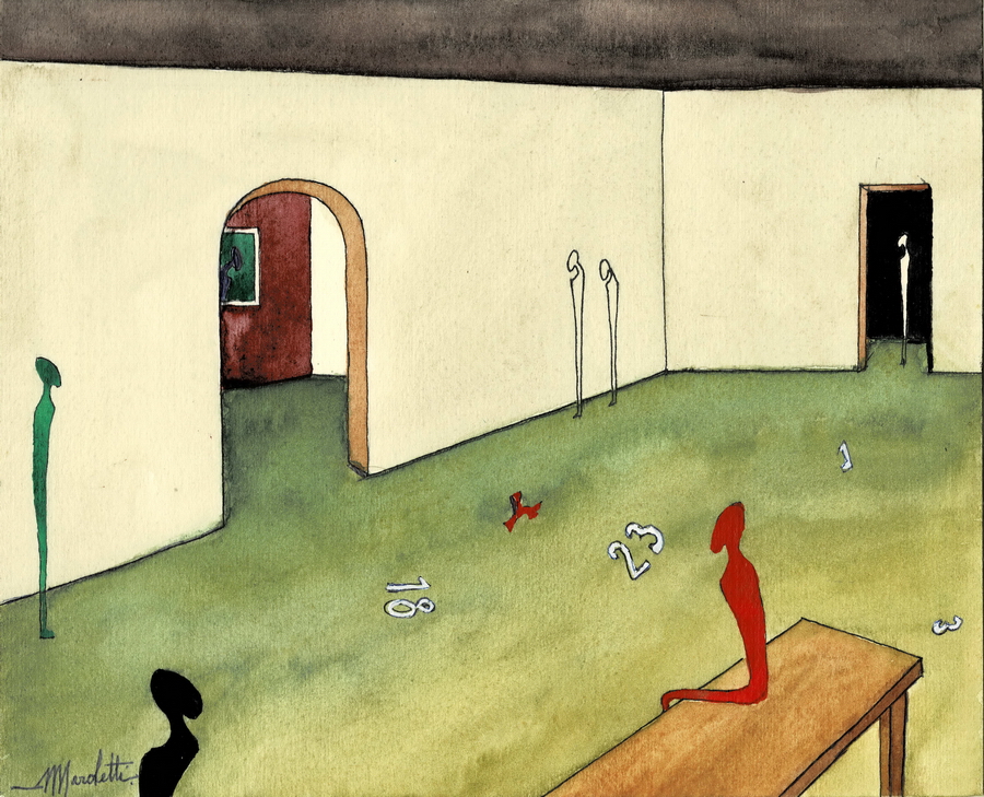 Empty room with pale walls, an arch and a dark doorway; slender elongated red, green and black figures, scattered numbers on the green floor and a wooden bench in the foreground.