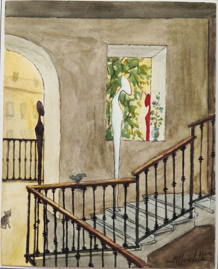Angelo Marchetti, Vecchia casa di ringhiera (Cat. 408), acquarello su carta 21,8 x 17,5 cm: interno surreale con scala in ferro battuto e figure.