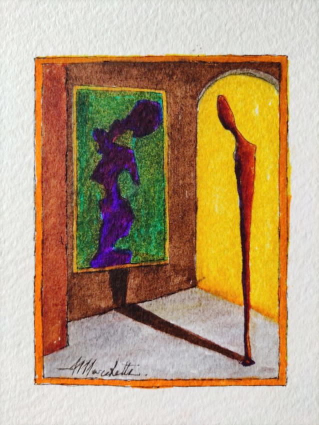 Angelo Marchetti, Senza titolo (Cat. 427), acquarello su carta 20 x 14,2 cm: interno surreale con un quadro di figura viola e una figura scura entro un arco giallo.