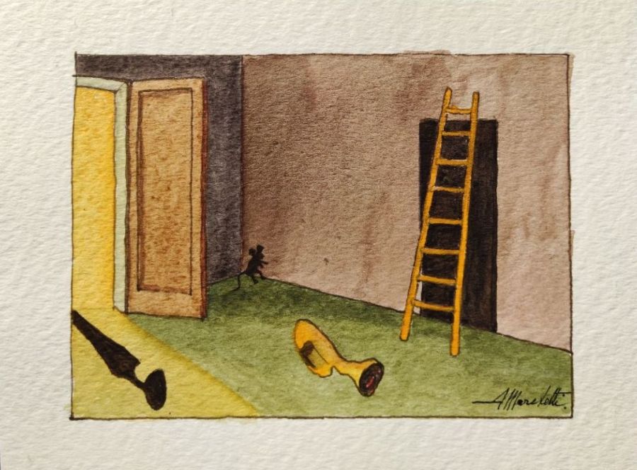 Angelo Marchetti, Senza titolo (Cat. 454), acquarello su carta 19,2 x 14,3 cm: stanza vuota surreale con porta, scala a pioli gialla, figura in corsa e lunga ombra.