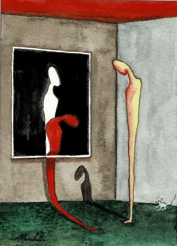 Angelo Marchetti, Untitled (Cat. 458), watercolour on paper 18 x 13 cm: a surreal interior with an elongated figure, a black picture and a red drape.