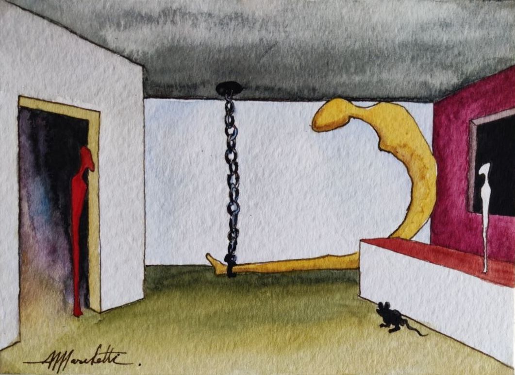 Surreal interior: a chain hangs from the ceiling, a red figure in a doorway and a yellow biomorphic form on the floor.
