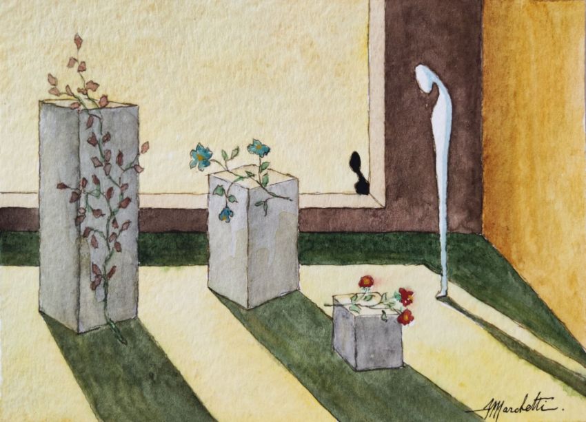 Angelo Marchetti, Senza titolo (Cat. 465), acquarello su carta: interno surreale con tre parallelepipedi-fioriera fioriti e lunghe ombre verdi su un pavimento giallo.