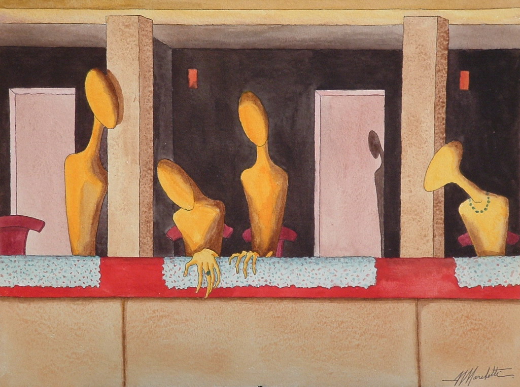 Angelo Marchetti, Untitled (Cat. 312), watercolour on paper 36 x 48 cm: a surreal interior with a row of faceless yellow figures at a parapet, doors and dark openings.