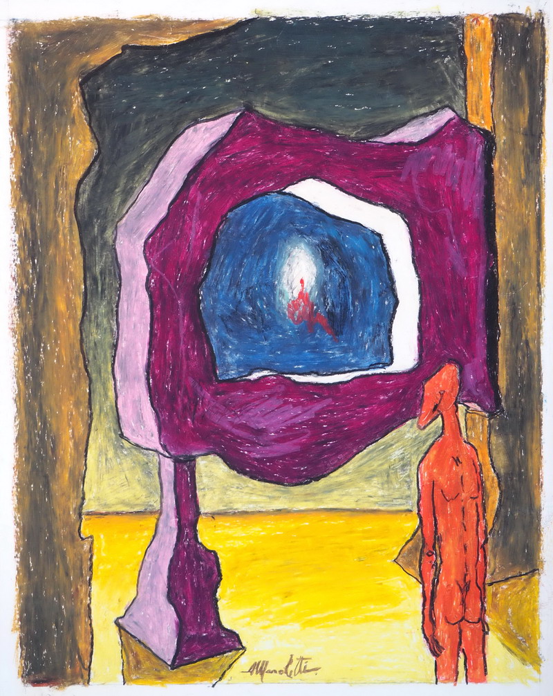 An orange standing figure gazes at a large draped red and pink form with a blue oval opening at its centre; oil pastels in earth and green tones on card.