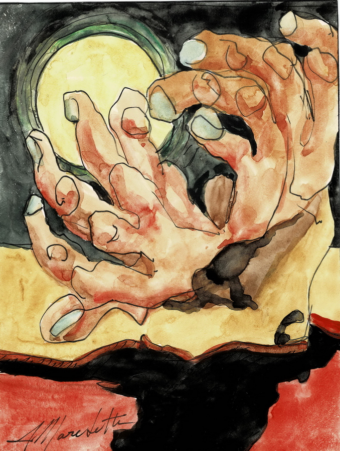 Angelo Marchetti, Untitled (Cat. 406), watercolour on paper 16 x 12.26 cm: two open hands on a pale surface before a glowing disc, a surreal work.
