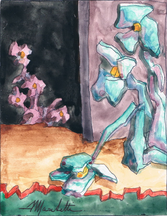 Angelo Marchetti, Untitled (Cat. 407), watercolour on paper 12.8 x 10 cm: stylised teal and pink flowers on a pale surface, a surreal work.