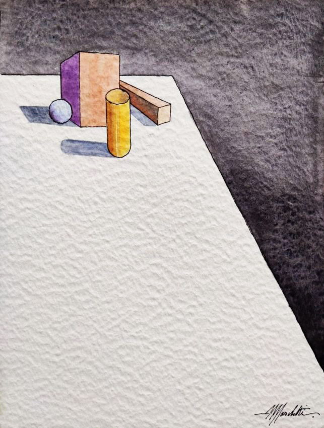 Metaphysical composition with geometric solids, a violet cube, a yellow cylinder and a cuboid, on a white plane against a grey ground.