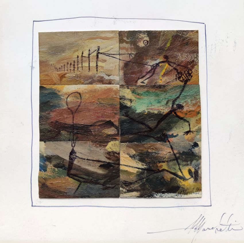 Six oil-painted panels assembled in a grid: stylised figures in black line in motion against earthy and ochre grounds.