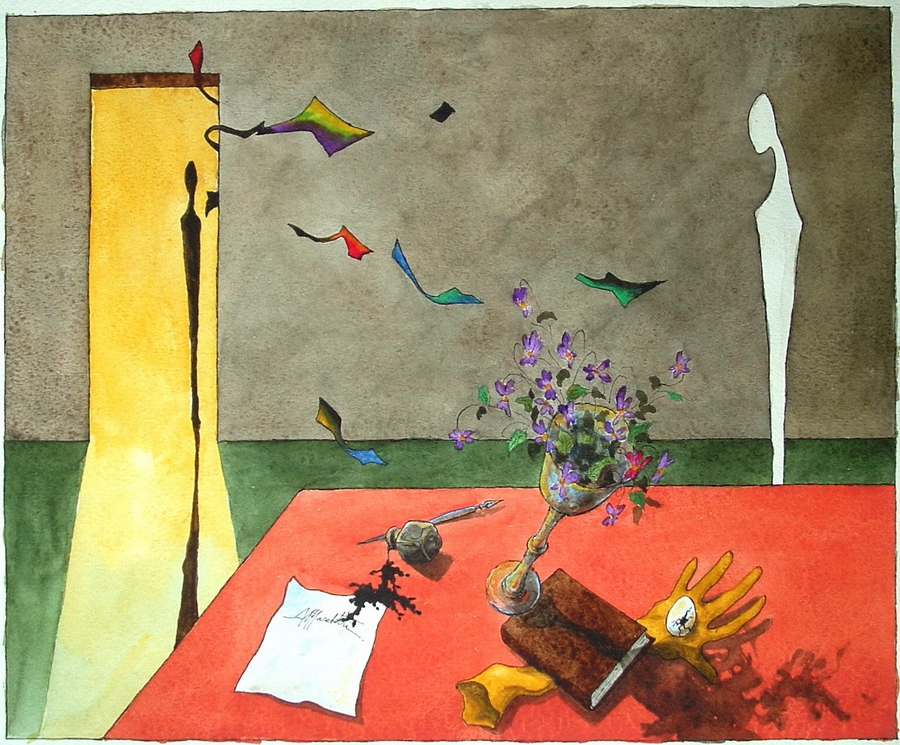 Surreal still life on a red table: a goblet of violets, a pen nib and ink blot, a signed sheet and a yellow glove with an egg; a pale human silhouette and flying coloured shapes.