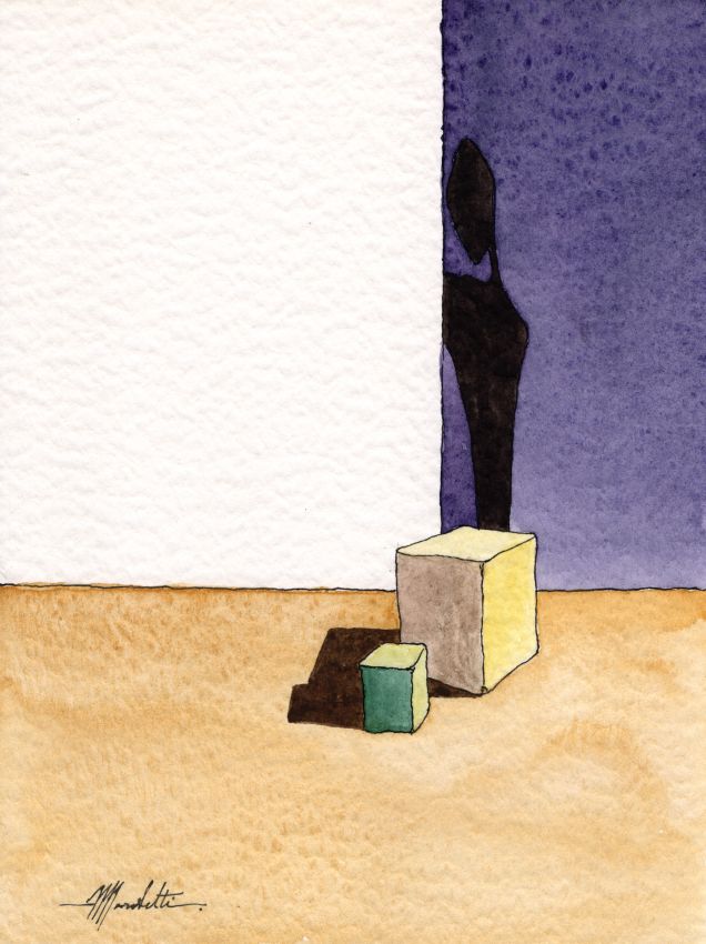 Silhouette nera eretta contro una parete bipartita bianca e viola, con due solidi geometrici sul pavimento sabbioso e la loro ombra.