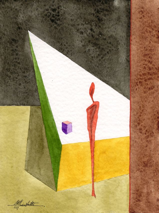 Angelo Marchetti, Senza titolo (Cat. 422), acquarello su carta 24 x 18 cm: figura rossa esile e allungata in un cuneo di luce, prisma verde e piccolo cubo viola.