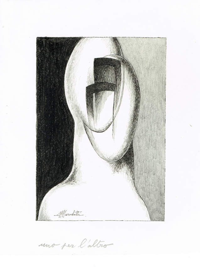 White oval head; ink and pencil drawing.