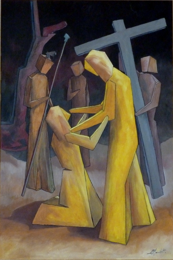 Scena della Via Crucis in stile cubo-figurativo: figure spigolose gialle e brune attorno a una croce grigia; personaggio inginocchiato e altro chino, uno regge un'asta.