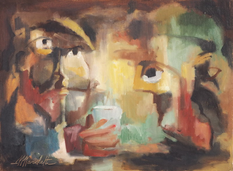 Dipinto a olio "Pittori a colloquio" di Angelo Marchetti (Cat. 829), 1998: due volti sovrapposti in pennellate materiche su toni caldi e verdi, stile informale.