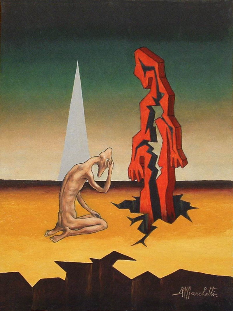 Dipinto a olio "Pentimento" di Angelo Marchetti (Cat. 93), 1993: figura nuda inginocchiata col capo tra le mani davanti a una figura rossa spezzata, obelisco bianco, paesaggio surreale.